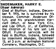 Death notice of Admiral Harry E. Shoemaker