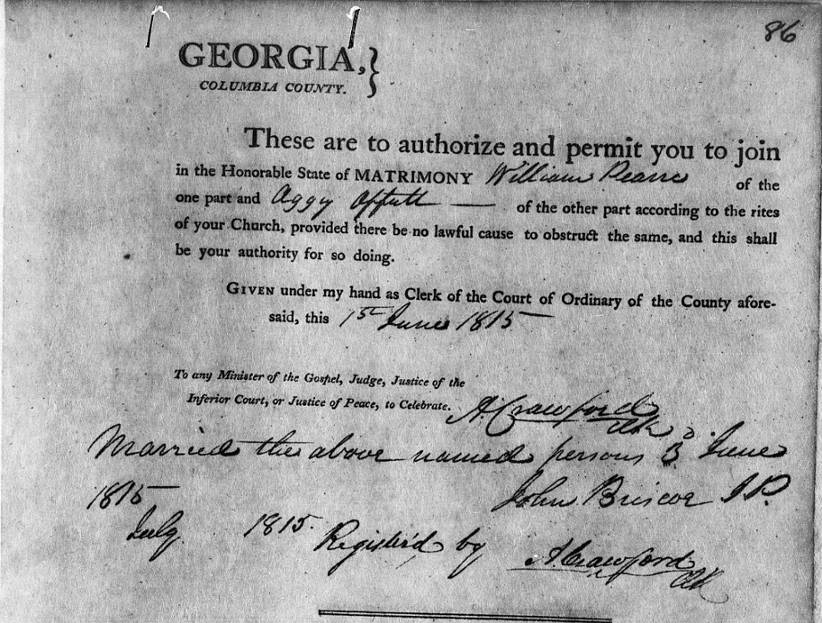 The Offutt Family Genealogy Marriage License for William Pearre and